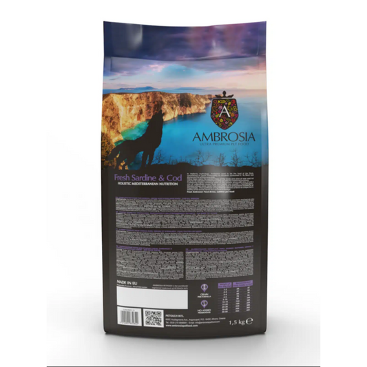 Ambrosia Mediterranean Grain Free Dog Fresh Sardine & Cod 1.5kg (Senior, Light & Sterilized)