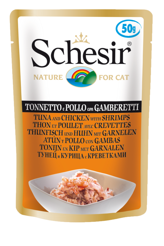 Schesir Tuna, Chicken With Shrimps Adult Pouch 50g x 12