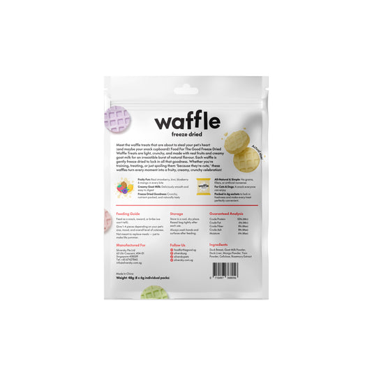 White pouch of Food For The Good freeze-dried mango & goat milk pet waffles with product details.