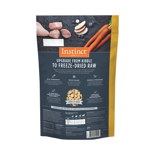 Instinct Freeze-dried Raw Meals Chicken Recipe Dog Food 9.5oz bag with raw chicken, blueberries, and carrots.