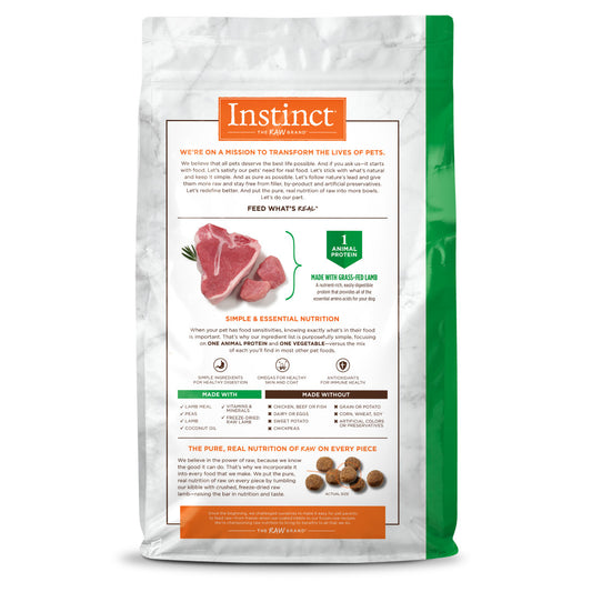 Instinct Limited Ingredient Diet Grain-Free Lamb Dry Dog Food, 20lb bag, white and green packaging with lamb meat and kibble.