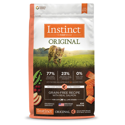 Instinct Original Grain-Free Salmon Dry Cat Food bag with a Bengal cat, salmon fillets, and vegetables.