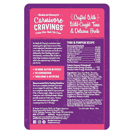 Stella & Chewy's Carnivore Cravings Tuna & Pumpkin Recipe cat food pouch, purple with white text.