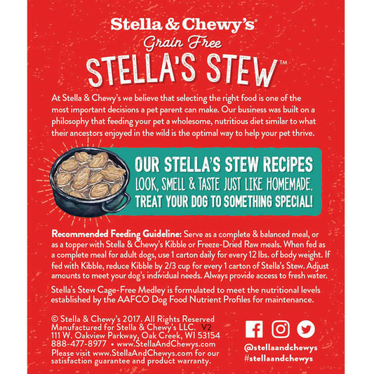 Stella & Chewy's Grain Free Stella's Stew dog food ad with a pot of stew and text on a red background.