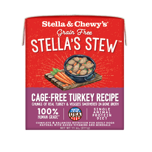 Stella & Chewy's Stella's Stew Cage-Free Turkey Recipe wet dog food carton with turkey, carrots, and kale.