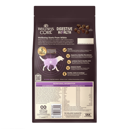 Wellness CORE Digestive Health Senior dry dog food bag, purple and brown, with chicken and brown rice.