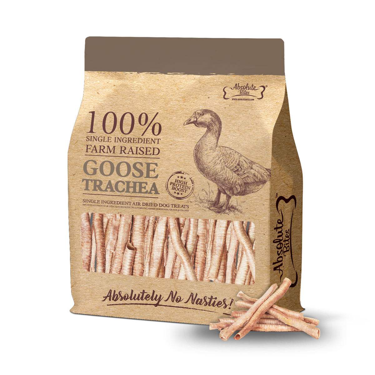 Absolute Bites Single Ingredient Air Dried Treats For Dogs - Goose Trachea (250g)
