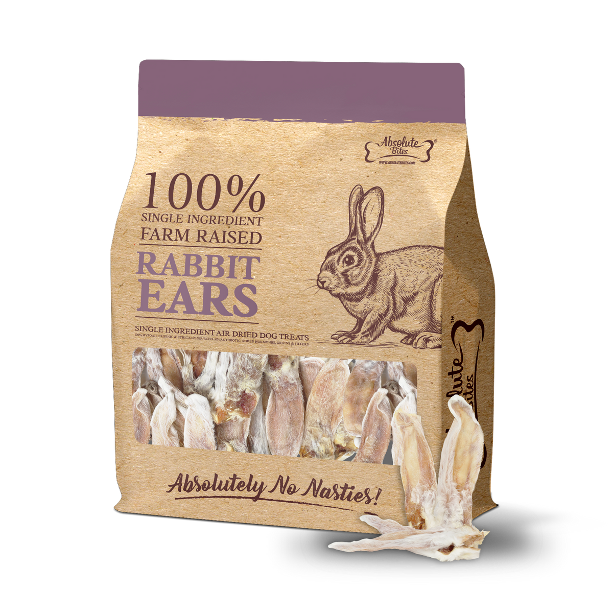 Absolute Bites Single Ingredient Air Dried Treats For Dogs - Rabbit Ears (300g)