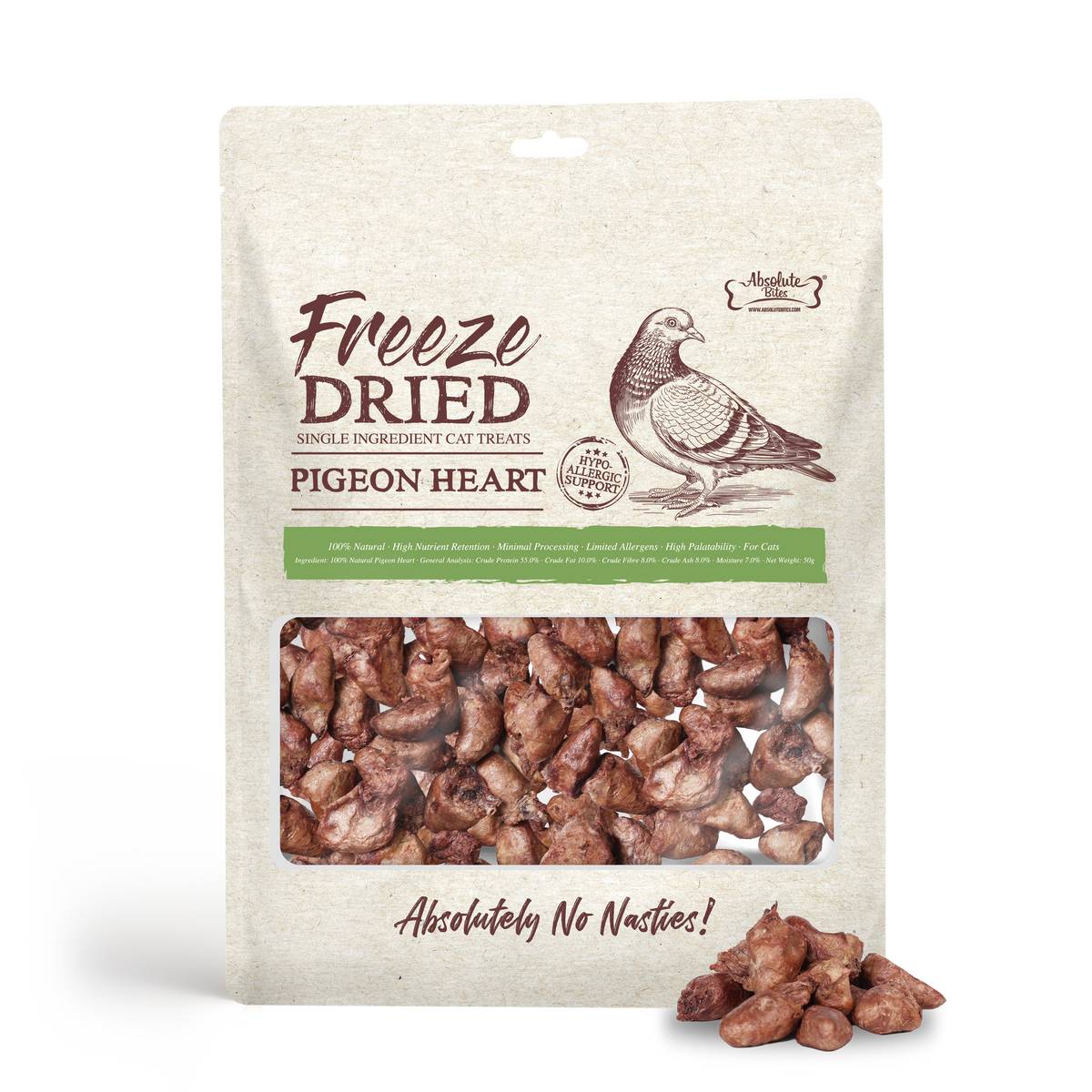 Absolute Bites Single Ingredient Freeze Dried Treats For Cats - Pigeon Heart (50g)