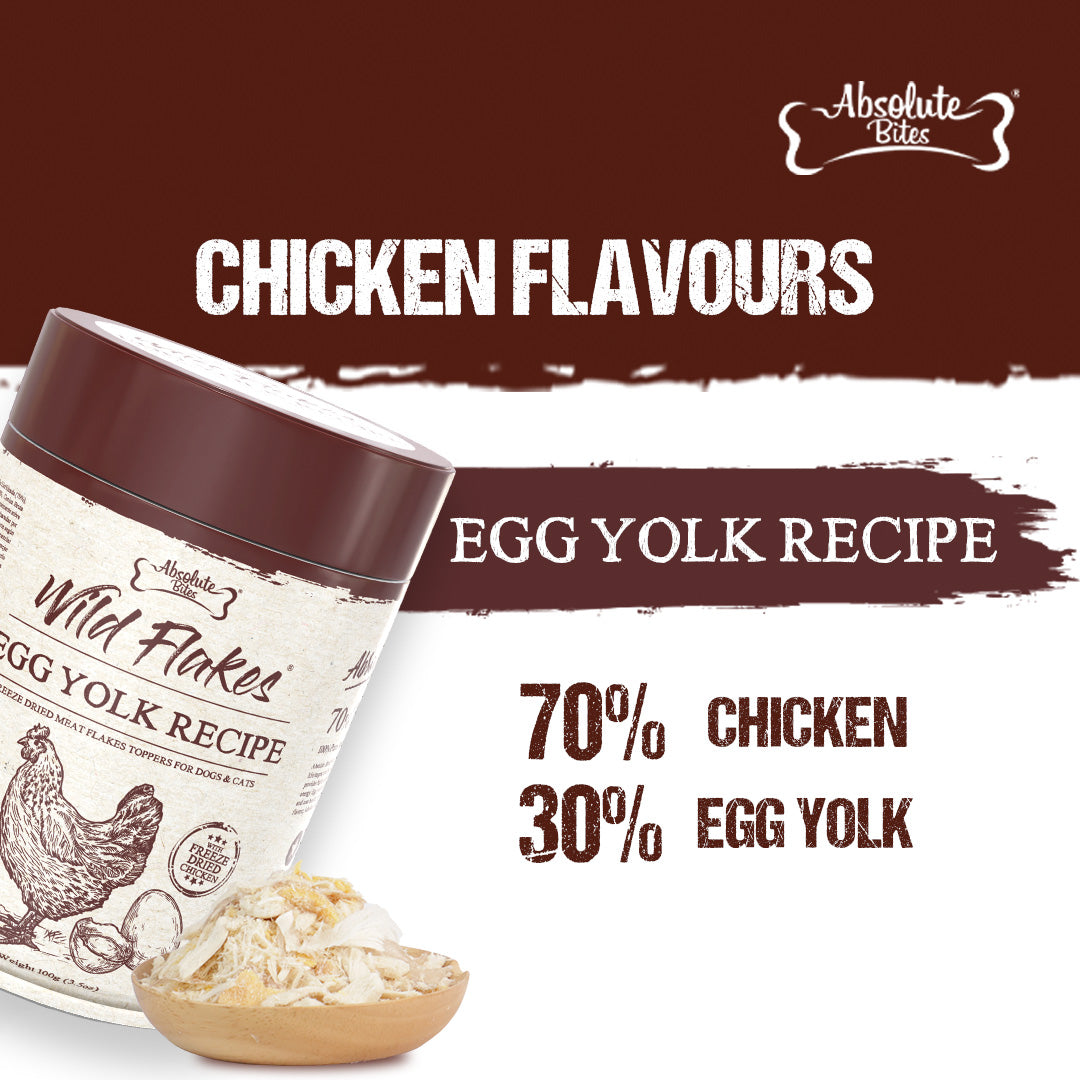 Absolute Bites Freeze Dried Wild Flakes Meat Flakes Toppers For Cats & Dogs - Chicken With Egg Yolk Recipe (100g)