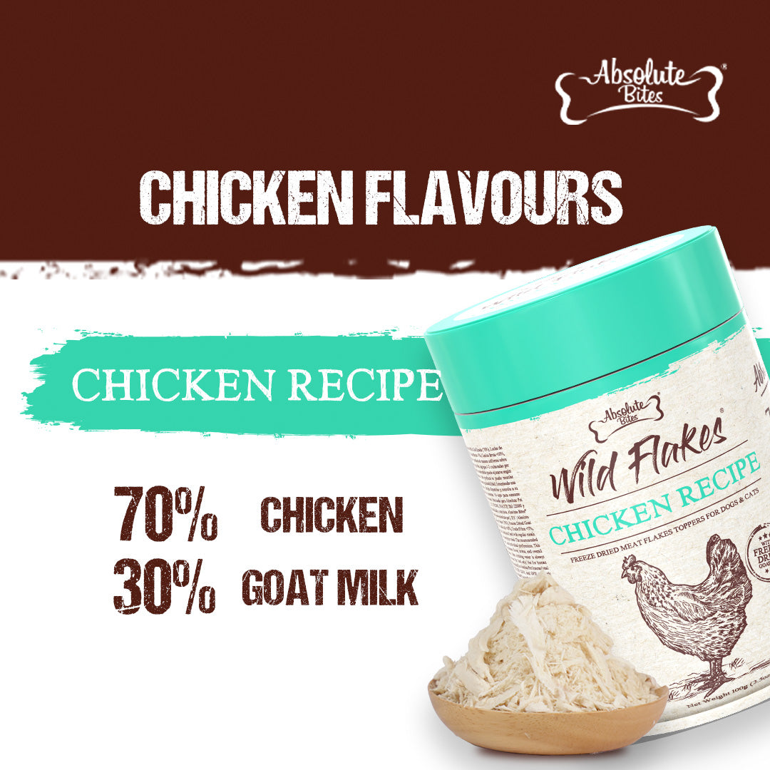 Absolute Bites Freeze Dried Wild Flakes Meat Flakes Toppers For Cats & Dogs - Chicken With Goat Milk Recipe (100g)