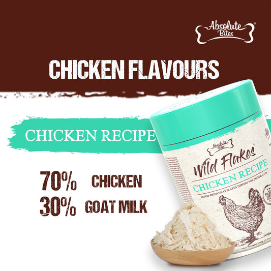 Absolute Bites Freeze Dried Wild Flakes Meat Flakes Toppers For Cats & Dogs - Chicken With Goat Milk Recipe (100g)