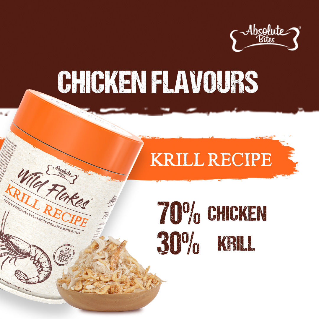 Absolute Bites Freeze Dried Wild Flakes Meat Flakes Toppers For Cats & Dogs - Chicken With Krill Recipe (100g)