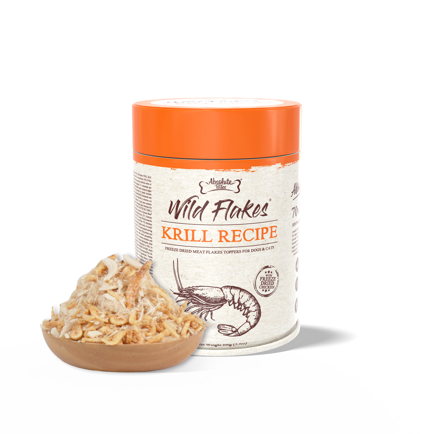 Absolute Bites Freeze Dried Wild Flakes Meat Flakes Toppers For Cats & Dogs - Chicken With Krill Recipe (100g)