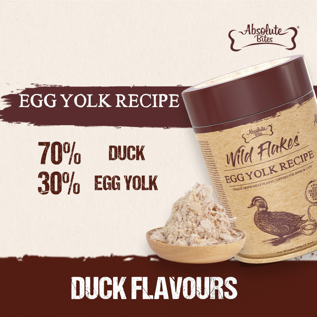 Absolute Bites Freeze Dried Wild Flakes Meat Flakes Toppers For Cats & Dogs - Duck With Egg Yolk Recipe (100g)