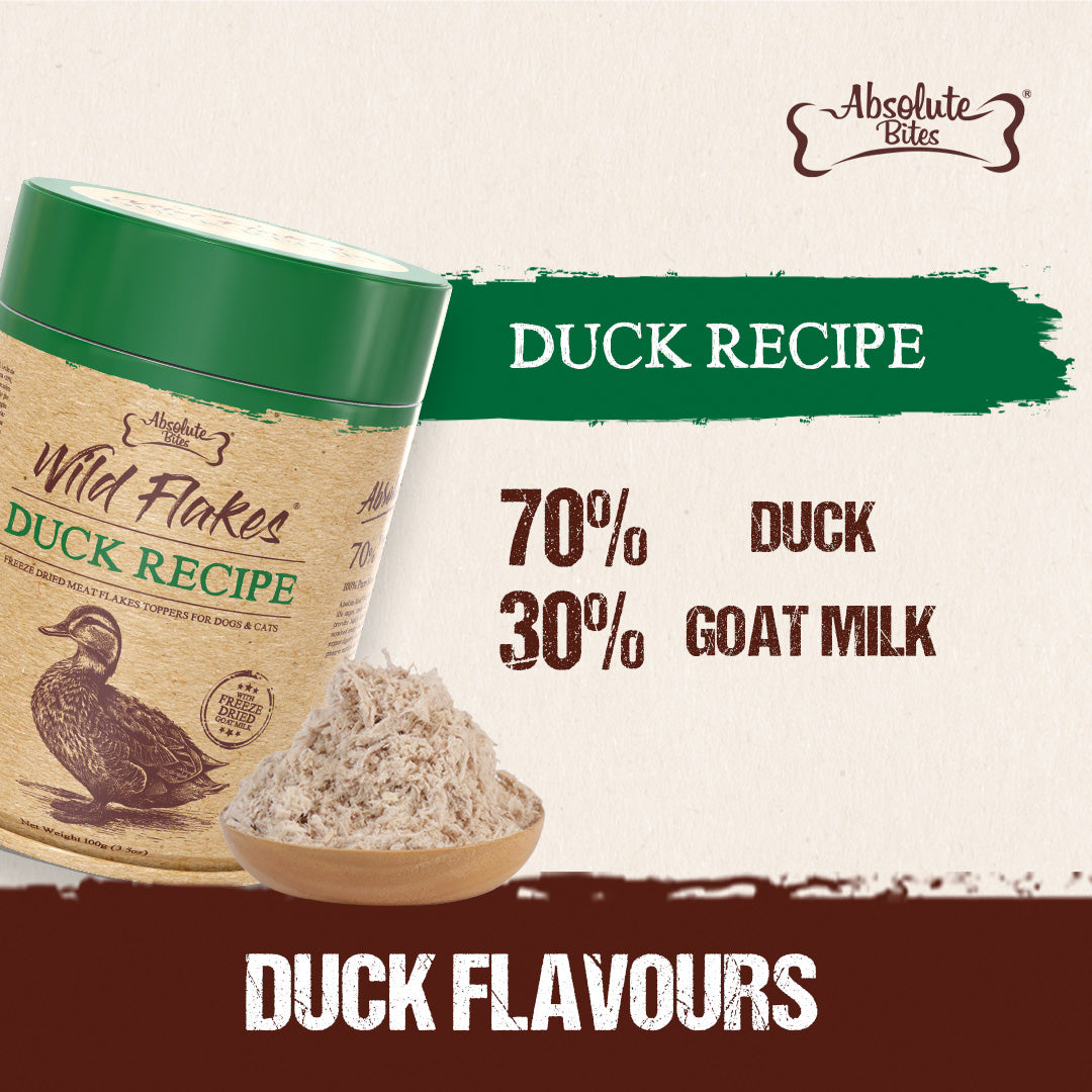 Absolute Bites Freeze Dried Wild Flakes Meat Flakes Toppers For Cats & Dogs - Duck With Goat Milk Recipe (100g)