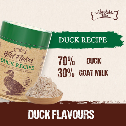 Absolute Bites Freeze Dried Wild Flakes Meat Flakes Toppers For Cats & Dogs - Duck With Goat Milk Recipe (100g)