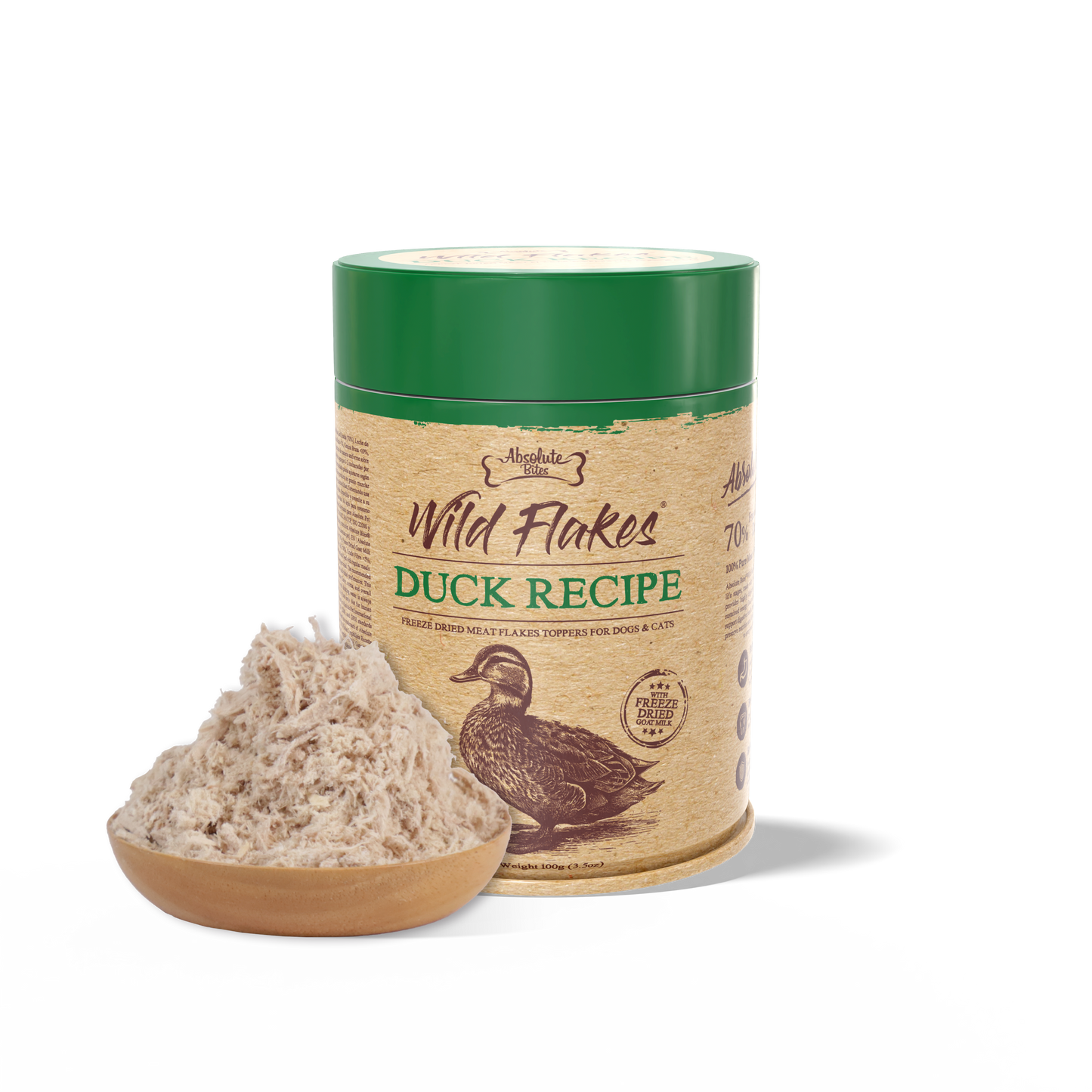 Absolute Bites Freeze Dried Wild Flakes Meat Flakes Toppers For Cats & Dogs - Duck With Goat Milk Recipe (100g)