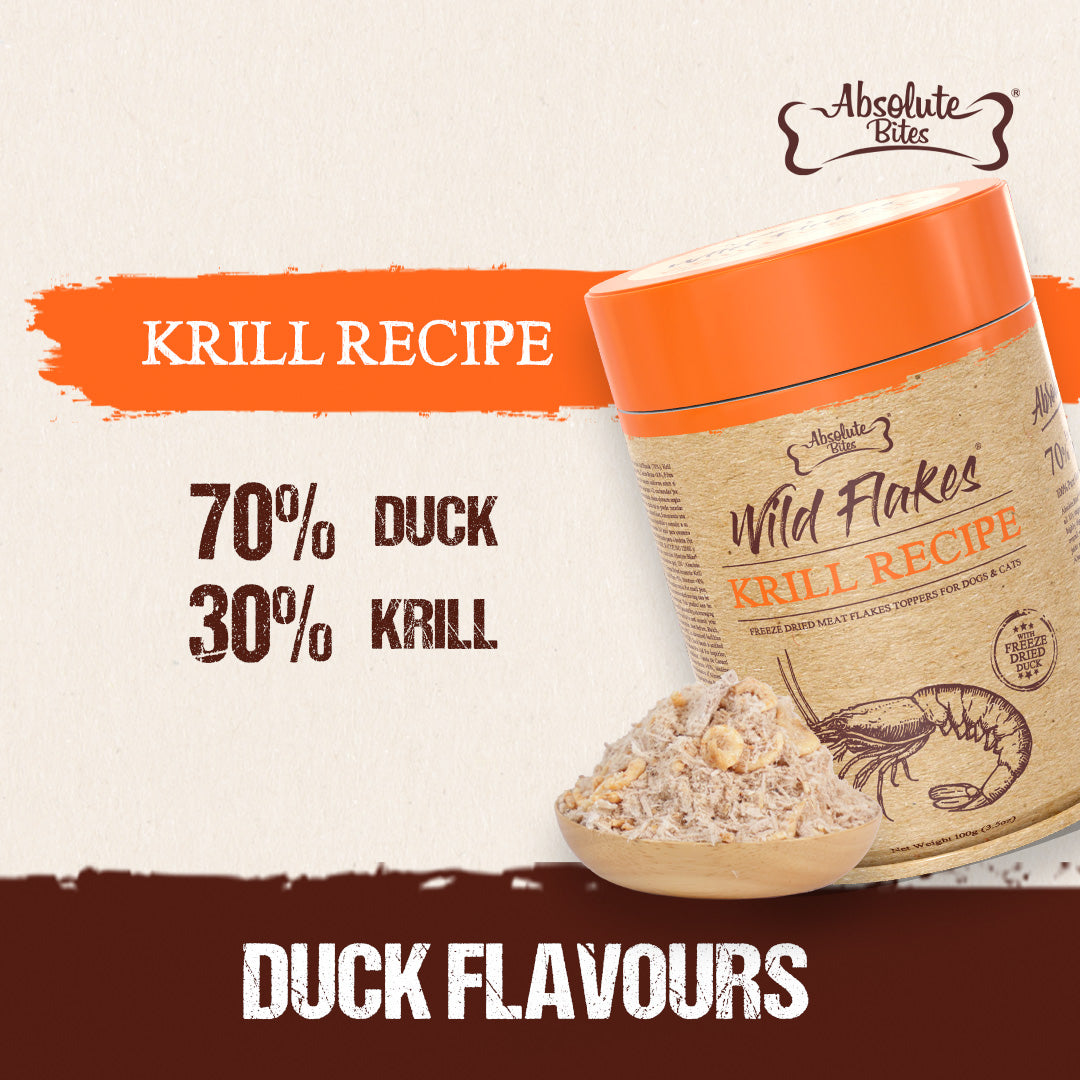 Absolute Bites Freeze Dried Wild Flakes Meat Flakes Toppers For Cats & Dogs - Duck With Krill Recipe (100g)