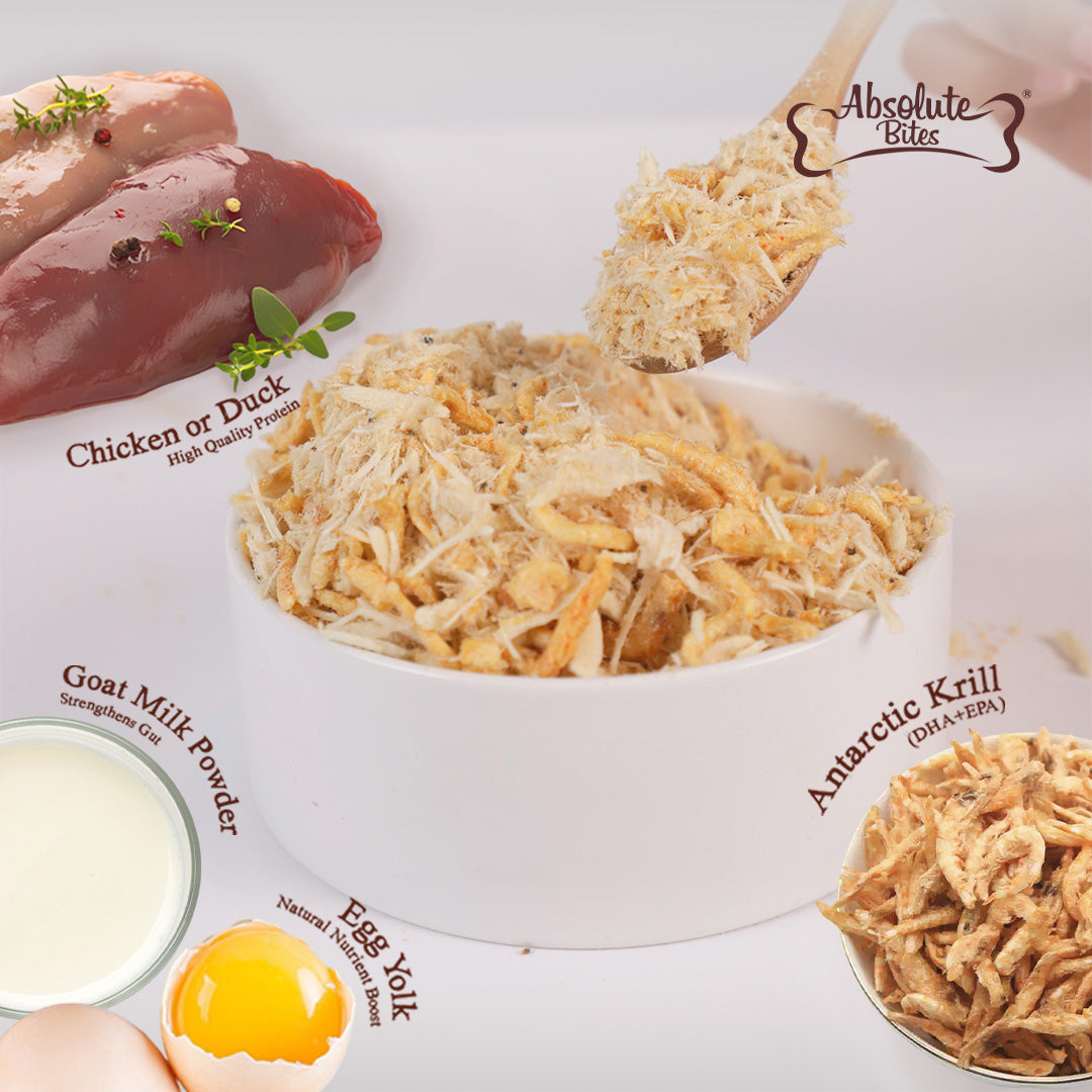 Absolute Bites Freeze Dried Wild Flakes Meat Flakes Toppers For Cats & Dogs - Duck With Krill Recipe (100g)