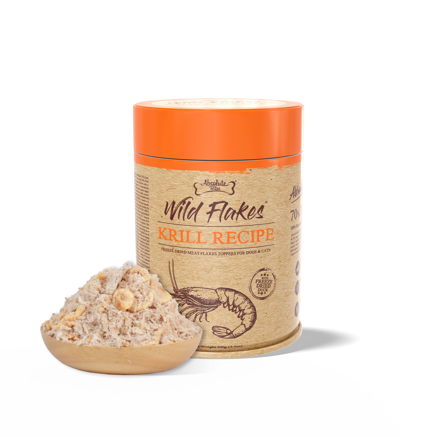 Absolute Bites Freeze Dried Wild Flakes Meat Flakes Toppers For Cats & Dogs - Duck With Krill Recipe (100g)