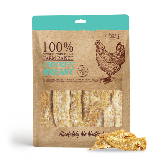 Absolute Bites air-dried chicken breast treats in a kraft paper pouch with a teal top and a window showing golden strips.