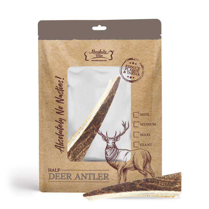 Absolute Bites Single Ingredient Dog Chew - Half Deer Antlers Dental Chew [4 Sizes]