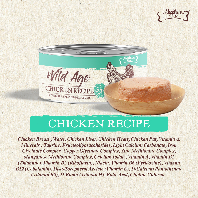 Absolute Bites Wild Age Complete & Balanced Diet Canned Cat Food - Chicken Recipe 80g (Box of 6)