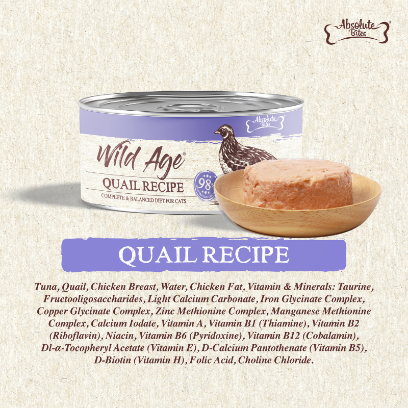 Absolute Bites Wild Age Complete & Balanced Diet Canned Cat Food - Quail Recipe 80g (Box of 6)