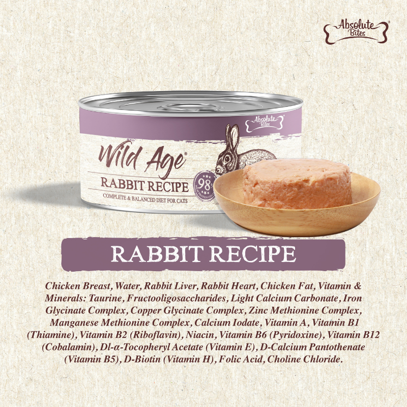 Absolute Bites Wild Age Complete & Balanced Diet Canned Cat Food - Rabbit Recipe 80g (Box of 6)