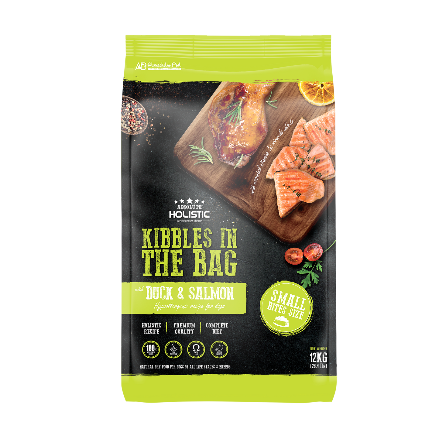 Absolute Holistic Kibbles In The Bag Hypoallergenic Recipe Small Bites Dog Dry Food - Duck & Salmon [2 Sizes]