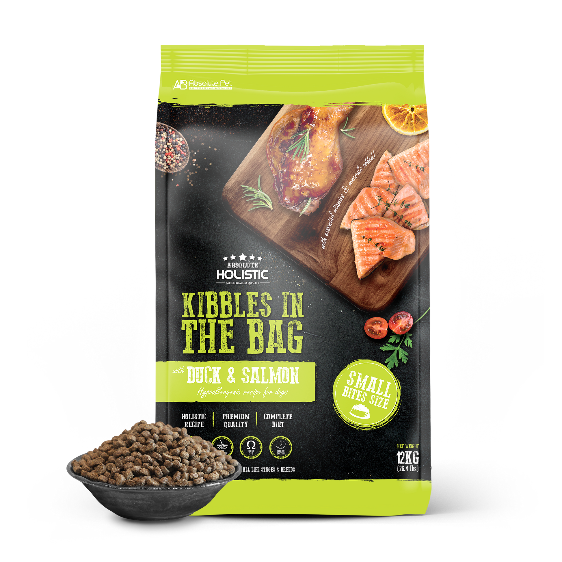 Absolute Holistic Kibbles In The Bag Hypoallergenic Recipe Small Bites Dog Dry Food - Duck & Salmon [2 Sizes]