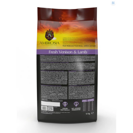 Ambrosia Grain Free Dog Adult Fresh Venison & Lamb 12kg