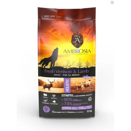 Ambrosia Grain Free Dog Adult Fresh Venison & Lamb 12kg