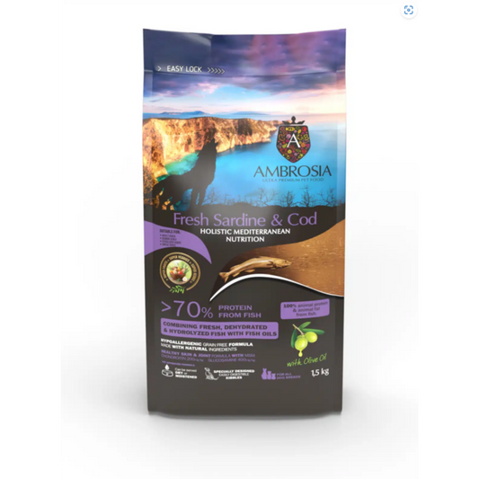 Ambrosia Mediterranean Grain Free Dog Fresh Sardine & Cod 1.5kg (Senior, Light & Sterilized)