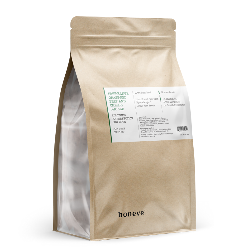 Boneve Earthmade Free Range Grass Fed Beef & Cheese Chunk Air Dried Dog Chews - 150g