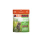 Feline Natural Freeze Dried Chicken & Lamb cat food pouch with a gray cat in a field.