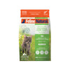 Feline Natural Freeze-Dried Chicken & Lamb cat food bag with a grey tabby cat in a field.