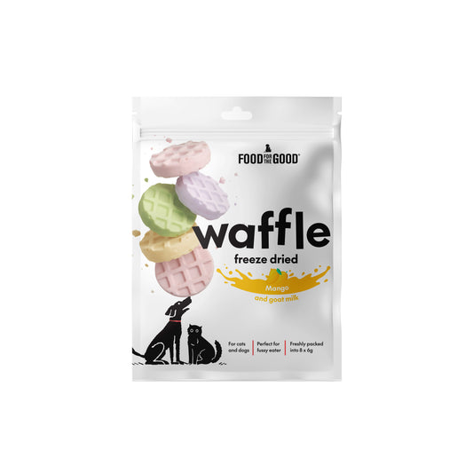 White pouch of Food For The Good freeze-dried waffle treats with mango and goat milk, featuring colorful round waffles.