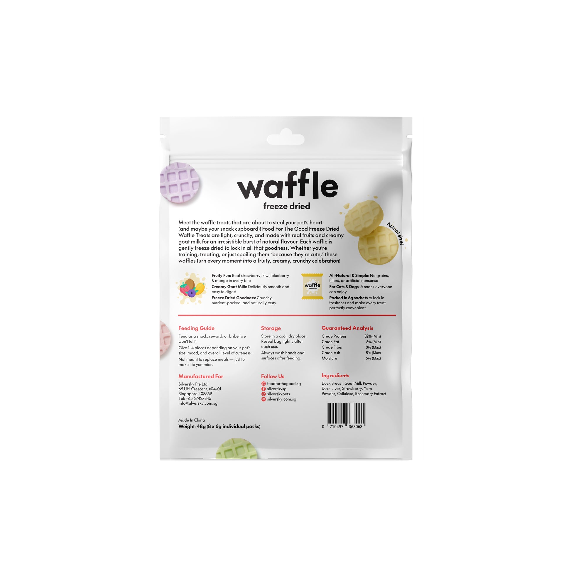 White pouch of Food For The Good freeze-dried strawberry & goat milk waffles for pets.