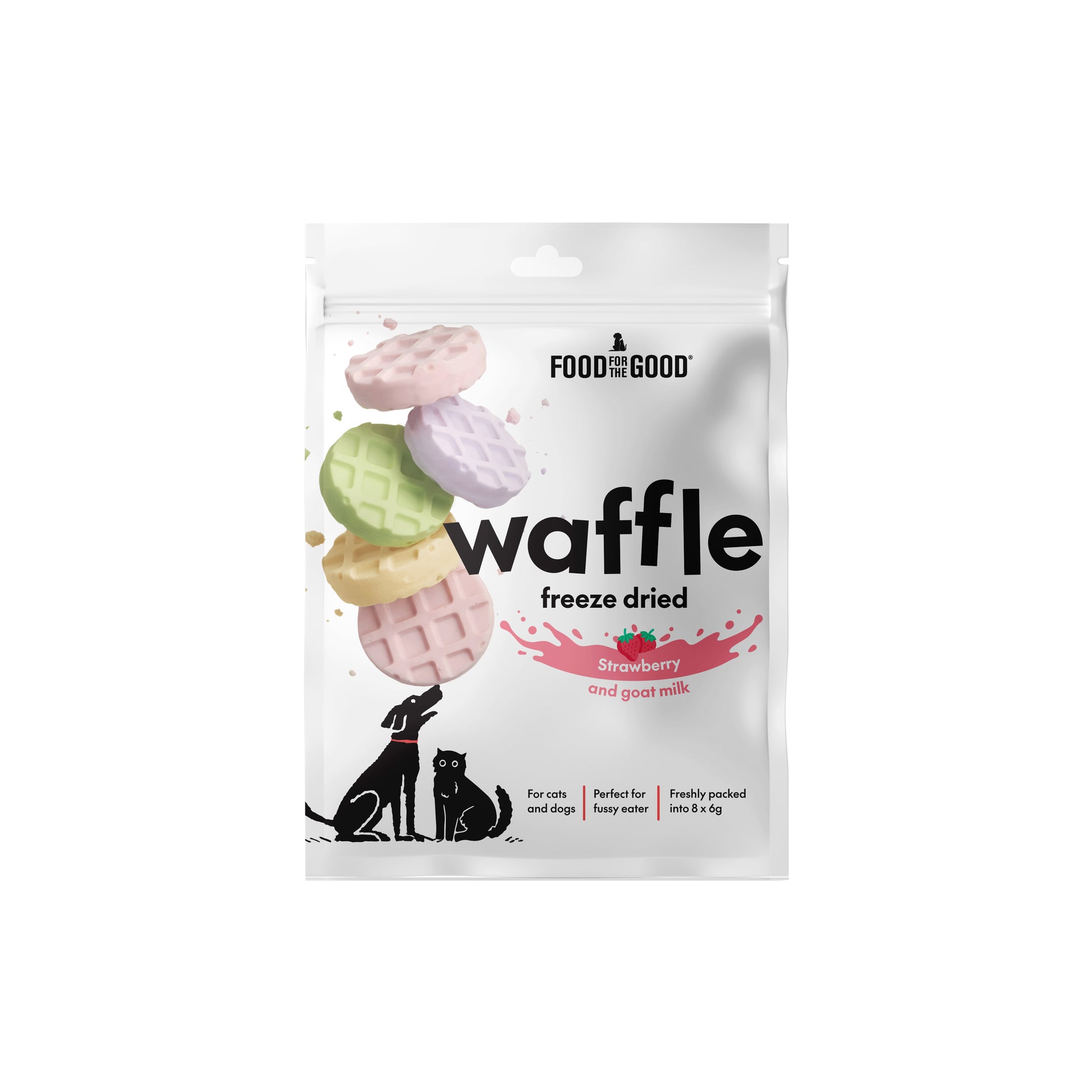 White pouch of Food For The Good freeze-dried strawberry & goat milk waffles for pets, featuring colorful treats.