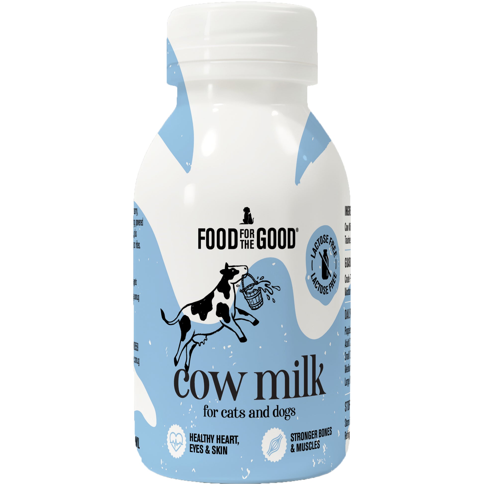 White bottle of Food For The Good Cow Milk for cats and dogs, with a blue and white cow design.