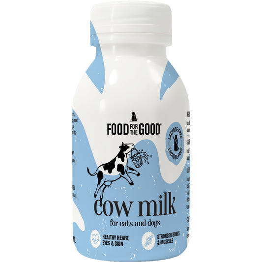 White bottle of Food For The Good Cow Milk for cats and dogs, with a blue and white cow design.