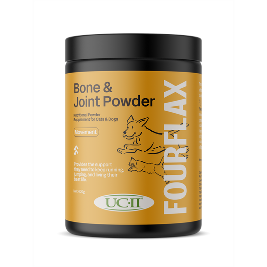 Black and orange Fourflax Bone & Joint Powder for Dogs 400g tub with running dog illustration.