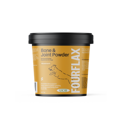 Black tub of Fourflax Bone & Joint Powder for Dogs with a jumping dog graphic and "UCII" logo.
