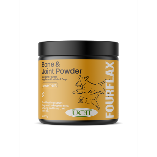 Fourflax Bone & Joint Powder for Dogs, black jar with orange label, "Movement" button, and dog illustrations.
