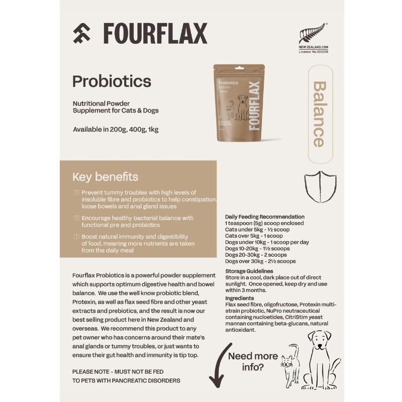 Fourflax Probiotics Nutritional Powder Supplement For Cats & Dogs [3 Sizes]