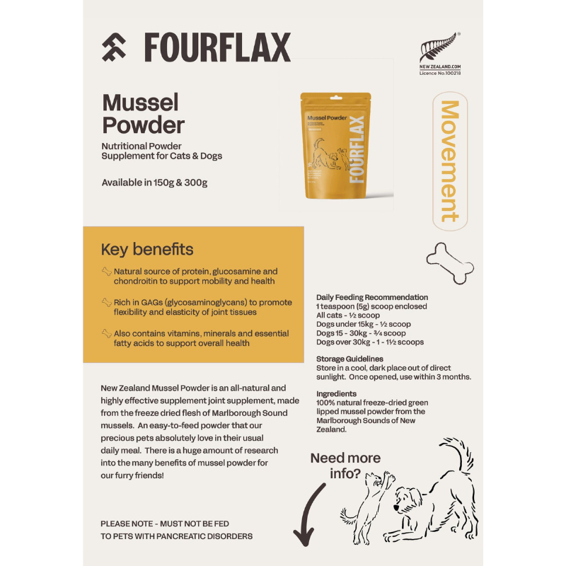 Fourflax Mussel Powder Nutritional Powder Supplement for Dogs & Cats [3 Sizes]