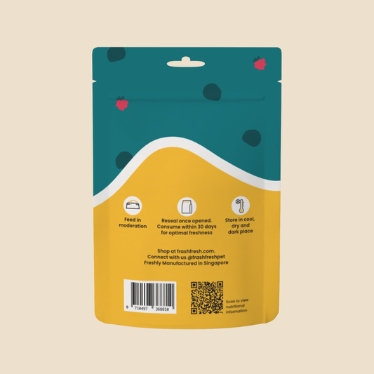 Frashfresh Freeze Dried Dog & Cat Treats packaging, yellow and teal with care instructions and QR code.
