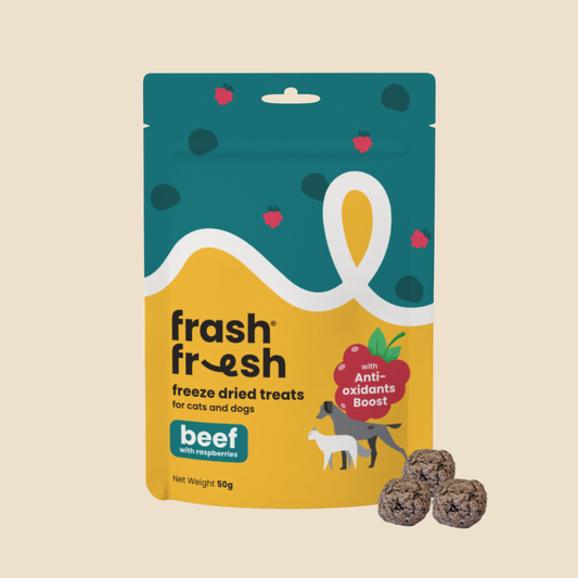 Frashfresh freeze-dried beef treats for cats and dogs, with antioxidants boost, in a colorful pouch with three treats.